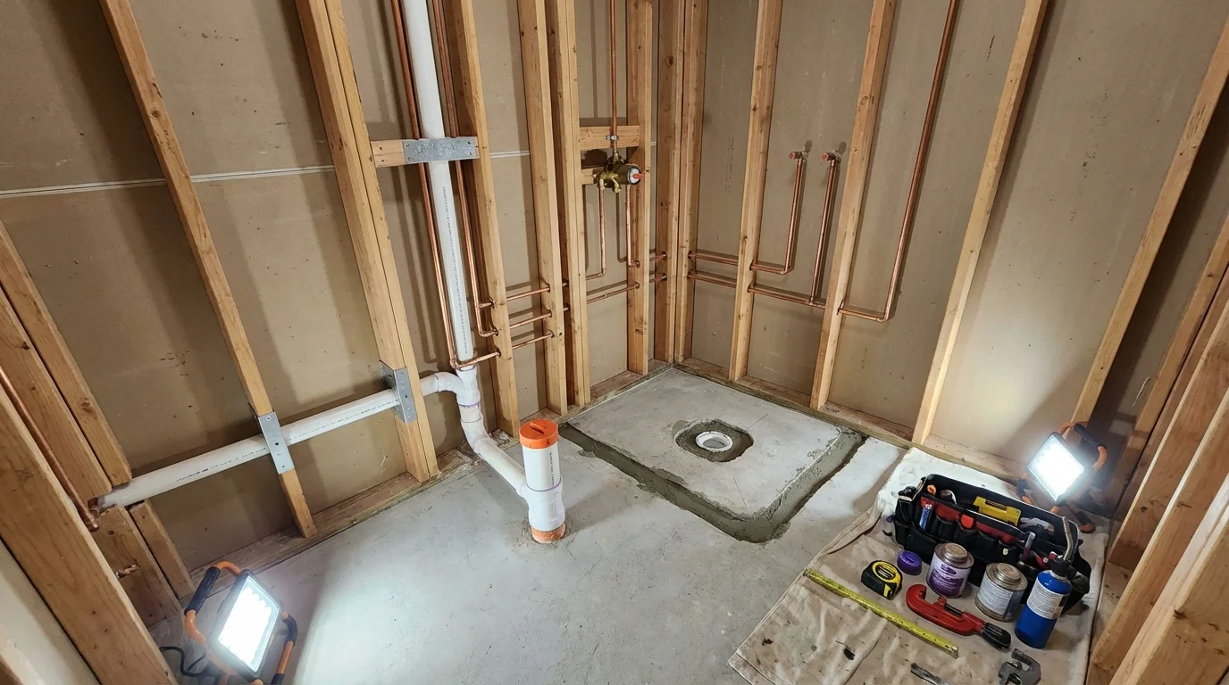 Bathroom rough-in plumbing during remodel by Johns Plumbing LLC in Shawneetown