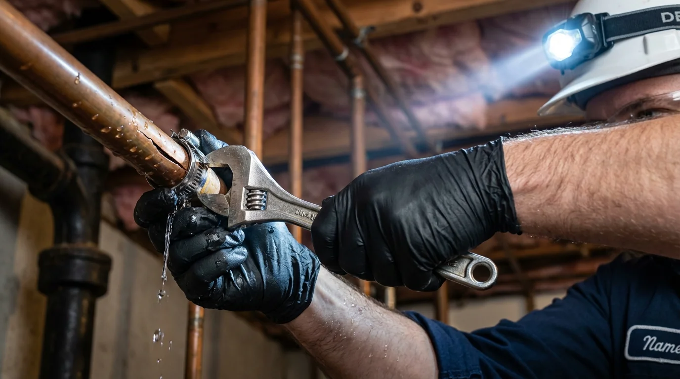 Emergency pipe clamp repair being performed by a Johns Plumbing LLC plumber in Shawneetown