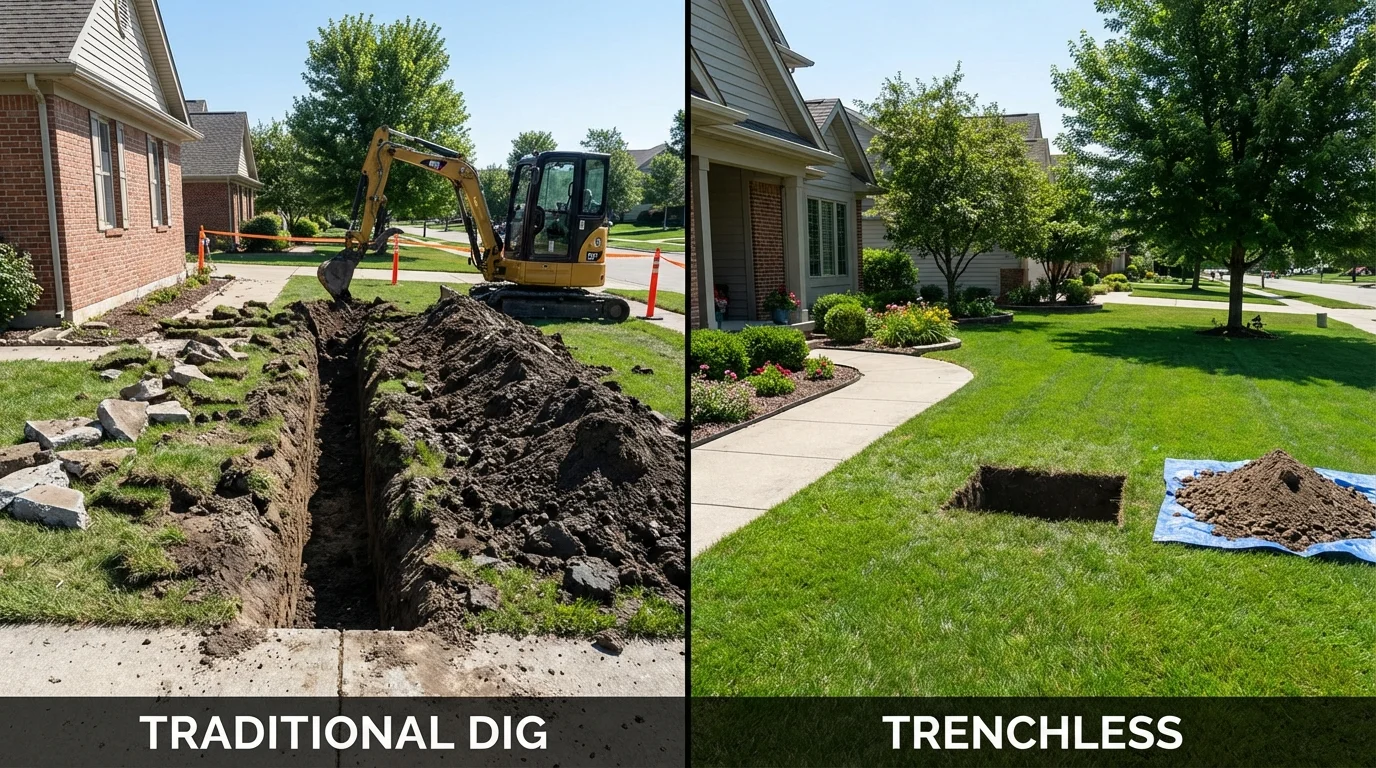 Trenchless sewer repair with minimal yard damage versus traditional excavation in Shawneetown, IL
