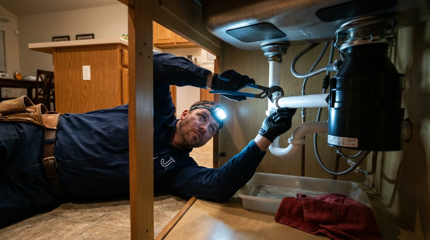 P-trap and supply line connections under a kitchen sink showing a common leak point in Shawneetown, IL